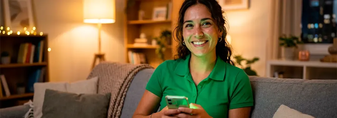 Mujer sonriente con polo verde solicita su Préstamo al Toque de Chapa Cash desde el celular en su sala; préstamo personal rápido, seguro y 100% online en Perú