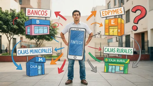 Hombre con celular Fintech comparando bancos, EDPymes, cajas municipales y cajas rurales en el Perú