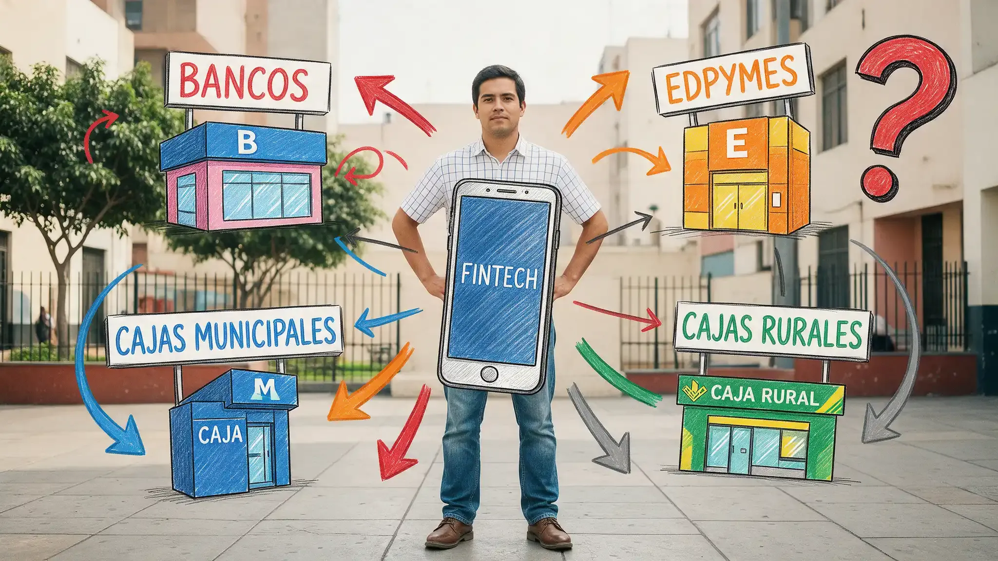 Hombre con celular Fintech comparando bancos, EDPymes, cajas municipales y cajas rurales en el Perú