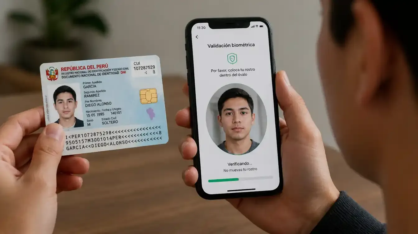 Peruano sosteniendo su DNI junto a un celular mostrando el proceso de validación biométrica con selfie para solicitar un préstamo online en Perú